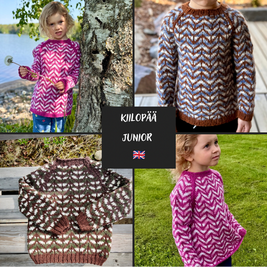 A five-panel collage showing children and wearing a hand-knit sweater in outdoor settings. The sweater has a bold chevron pattern in pink, brown, and cream, with ribbed cuffs and hem.