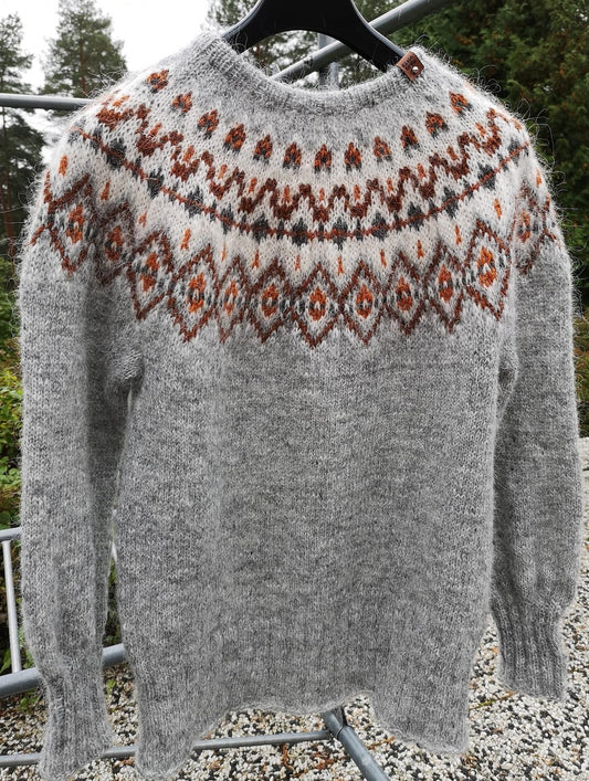 A gray hand-knit sweater with a brown and rust orange stranded colorwork circular yoke pattern, hanging on a black hanger outdoors.