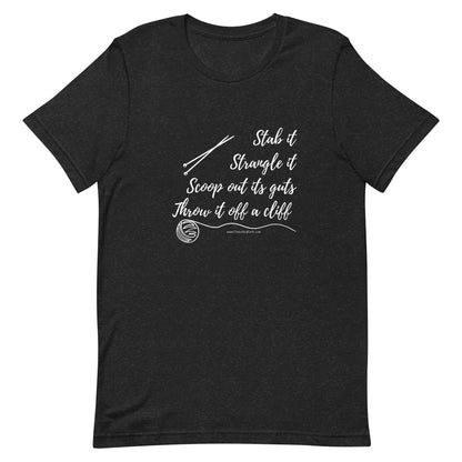 Black t-shirt with white writing on the chest against a white background