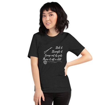 Person wearing a black t-shirt with text design on a white background