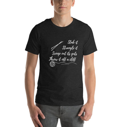 Person wearing a black t-shirt with white text and graphics on a white background